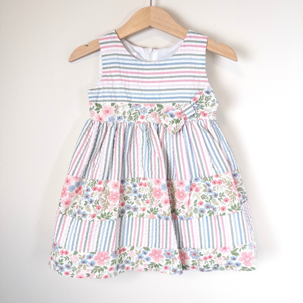 Bonnie Baby Dress Kids 18M Pink Blue Striped Floral Seersucker Sleeveless Bow